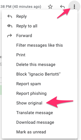 Gmail show original menu option
