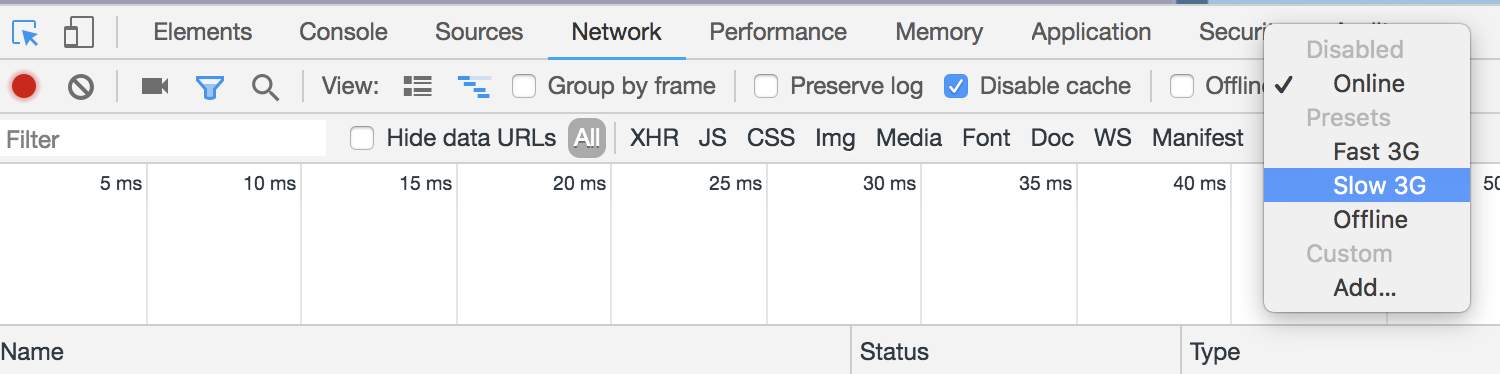 Set your Internet connection to simulate 3G
