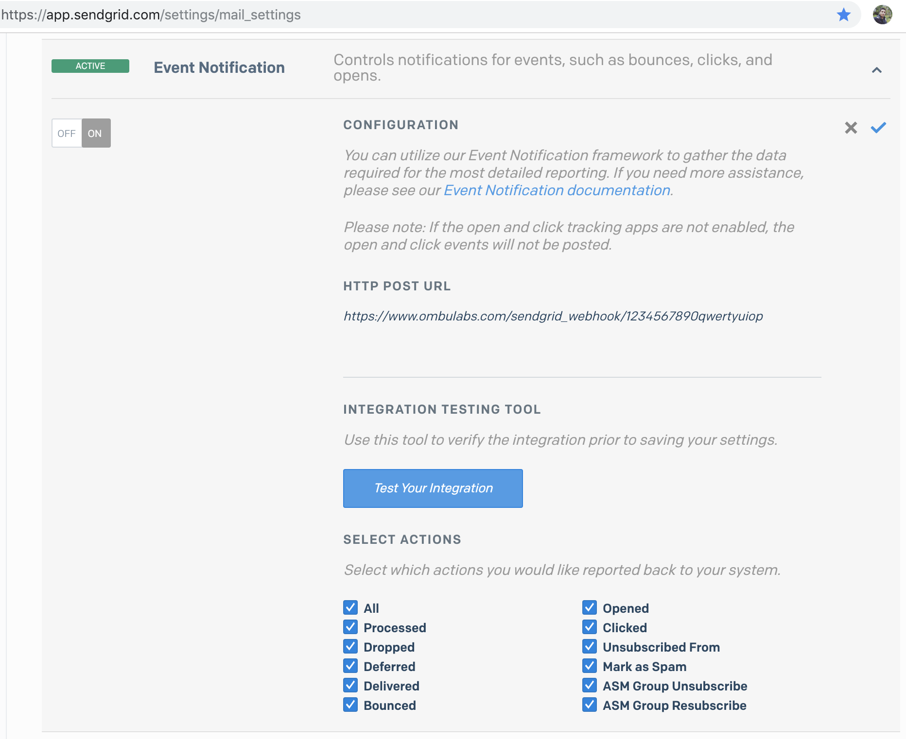 SendGrid webhook configuration